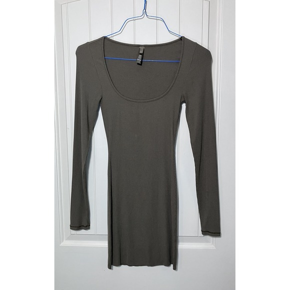 SKIMS Dresses & Skirts - SKIMS Soft Lounge Ribbed Long Sleeve Bodycon Mini Dress Taupe Brown Women Size S